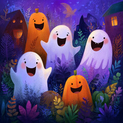 Cartoon-style Halloween night with happy ghosts and smiling pumpkins, for kids book illustration, bright and colorful 
