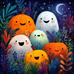 Cartoon-style Halloween night with happy ghosts and smiling pumpkins, for kids book illustration, bright and colorful 