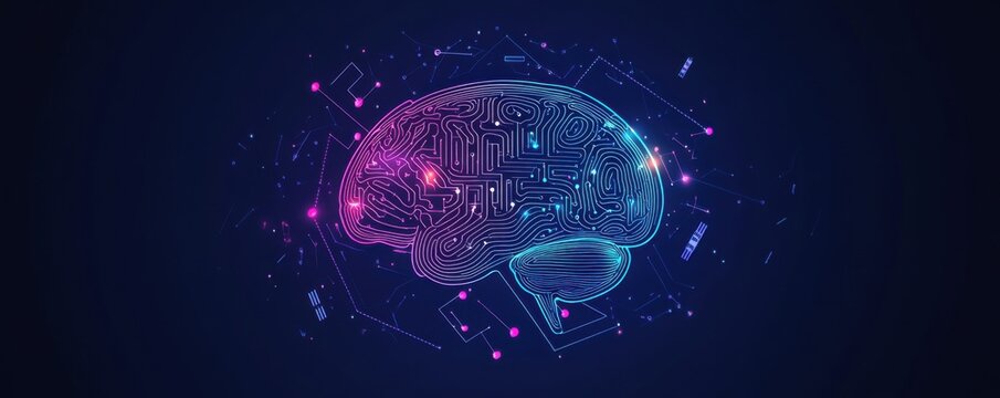 Futuristic digital illustration of the human brain with neon circuitry on a blue background, symbolizing artificial intelligence and technology advancement. - Powered by Adobe