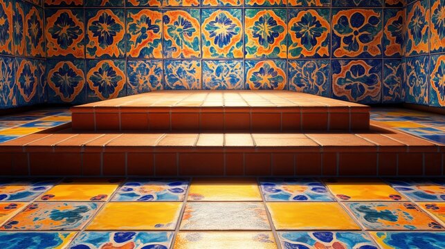 Colorful Mexican serape pattern hallway with traditional striped textiles and potted plants creating a vibrant cultural decor