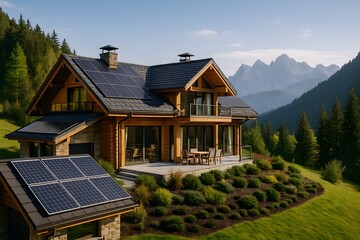 Obraz premium mountain cabin with solar panels