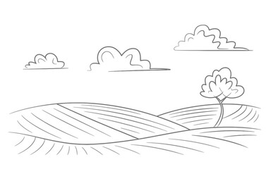Monochrome Landscape Illustration of Rolling Hills with a Tree and Fluffy Clouds in the Sky Perfect for Coloring Pages