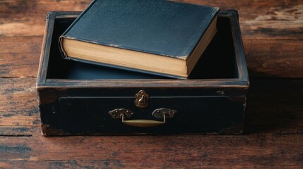 Old Book in Black Box on Wooden Table,Antique ,Vintage