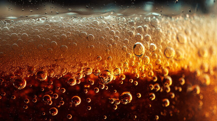 A close-up of cold amber beer in a glass, highlighting foam, bubbles, and condensation