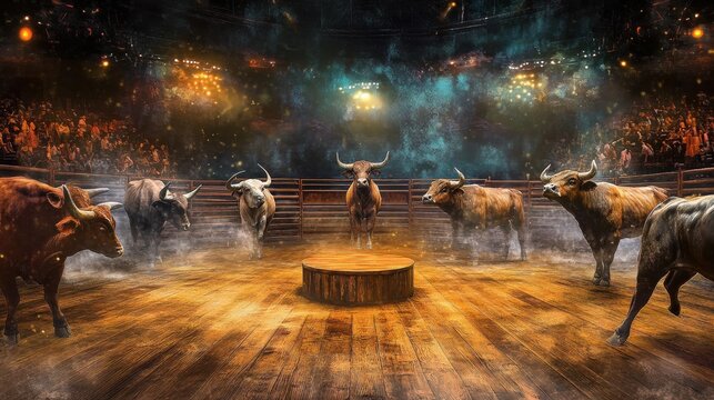 A vibrant Texas rodeo scene featuring broncos and bulls in an exciting arena with dynamic lighting and energy from the cheering crowd.