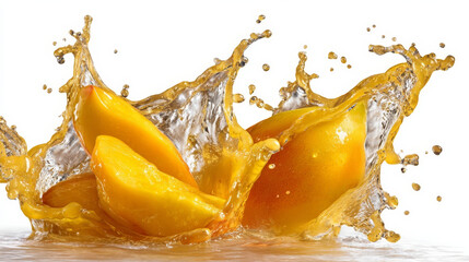 A dynamic splash of mango juice captured against a clean white background