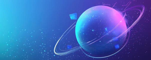 Futuristic abstract design featuring a glowing pink and blue sphere with digital elements, perfect for modern app and tech interfaces.