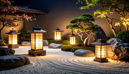 Obraz premium Illuminated Japanese Garden at Night with Stone and Sand