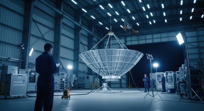 Nighttime scene of a satellite antenna deployment test under artificial lighting inside a large tactical communications test hangar.