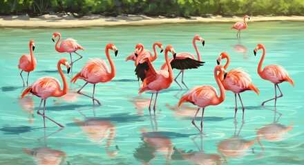 Illustration of a flock of flamingos wading in lagoon