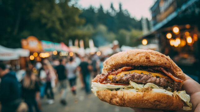 A juicy hamburger served at a bustling street food festival held in a park