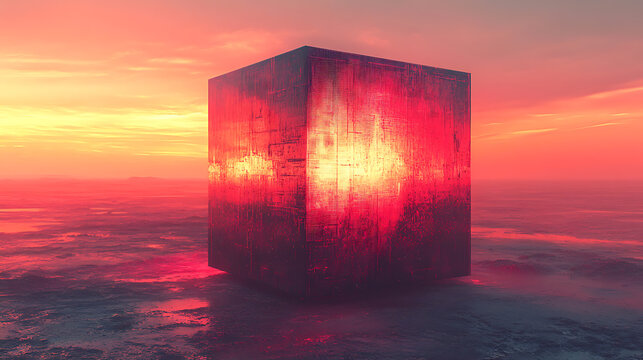 Mysterious Cube at Sunset Futuristic Landscape