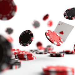 Obraz premium Falling aces and casino chips with blurred elements on white background. Playing cards, red and black money chips fly. The concept of winning or gambling. Poker and card games. Vector 3d 