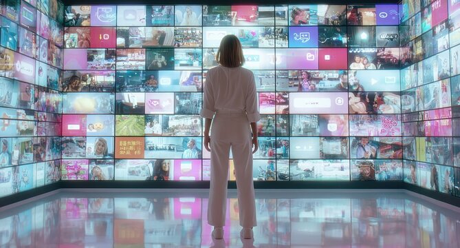 A woman stands in front of an interactive digital wall displaying various social media icons, photos, and emoticons Generative AI