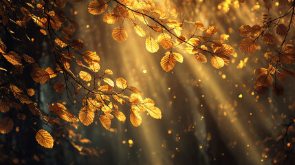 Fantasy autumn forest background with glowing leaves, magical light beams, rich golden and amber tones, enchanted fairytale mood 