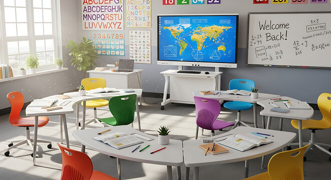 Classroom setup with colorful chairs and learning materials for international dog day ai generated