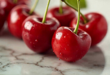 Fresh Red Cherries with Water Droplets on Marble Surface