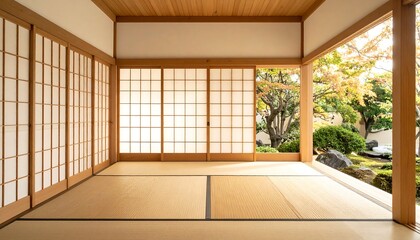 Japanese Room Interior with Tatami Mats and Garden View