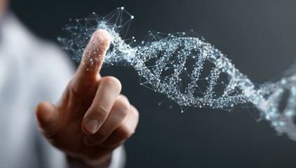 A hand interacts with a digital representation of DNA