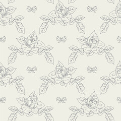 Vintage line art black monochrome rose bouquets and bow knots seamless pattern with white backdrop