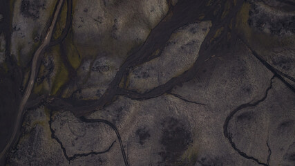 Aerial View of Volcanic Terrain with Streams in Iceland
