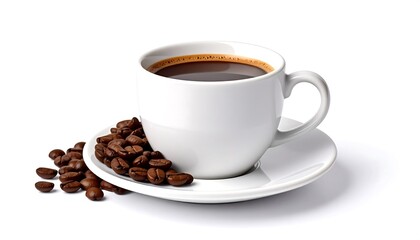 White coffee cup with coffee beans