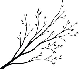 Fototapeta premium Minimalist tree branch silhouette with small leaves, black floral twig vector illustration, elegant botanical element for wedding invitation design