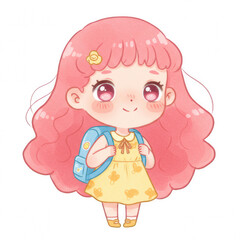 Obraz premium Cute watercolor Schoolgirl Cartoon with Backpack – PNG Transparent Background