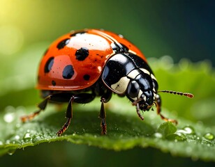 Ladybug on a dewy leaf