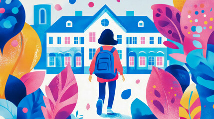 Vibrant illustration of student with backpack walking towards grand school building, surrounded by lush, colorful abstract foliage, symbolizing the journey of education and new beginnings