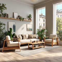 Obraz premium Japandi-style living room interior with wooden furniture, neutral tones, indoor plants, clean natural light, minimalistic and cozy, Scandinavian design trend 