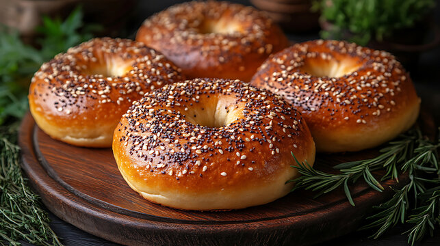 Delicious Sesame Seed Bagels on Rustic Wooden Board