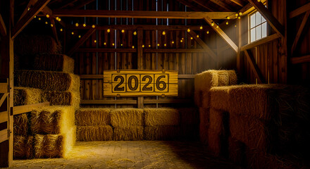Rustic barn interior with 2026 signage and hay bales