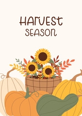 Autumn greeting card with Pumpkins and basket of sunflowers. Vector illustration for fall harvest, Thanksgiving invitation, seasonal postcard design