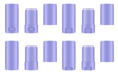 Mockup of thin open cosmetic sticks with rotating bottom wheel. Cosmetic tube. Face contouring pen, highlighter or bronzer. Concealer or foundation. Light purple containers