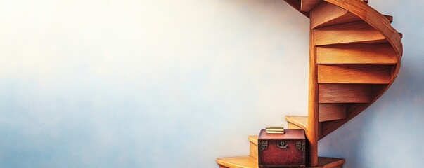 Wooden Spiral Staircase with Vintage Trunk, HomeDecor , Interiors