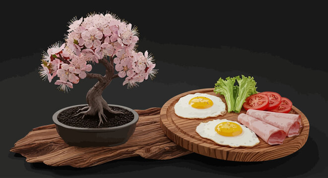 bonsai tree, a plate with fresh vegetables, egg, meat, tomatoo slices