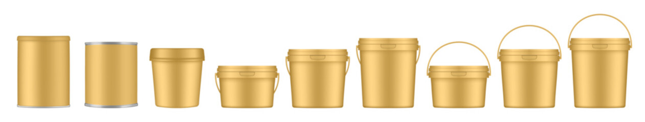 Gold buckets and tin jars. Mockup of plastic buckets with handle and lid. Small, medium and large sizes. Tin can  © Irina Shats