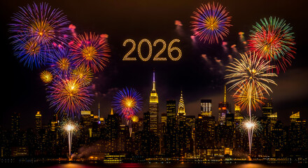 New york city skyline celebrates the arrival of 2026 with fireworks