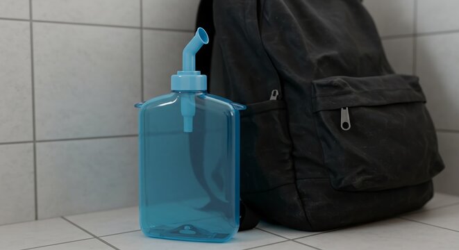 A blue bottle and a black backpack on a tiled floor showing a portable bidet bottle on a tiled bathroom floor beside a backpack