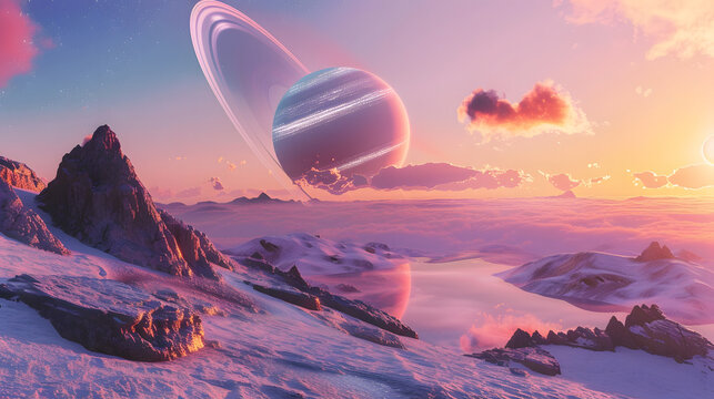 Realistic alien planet landscape with giant ringed planet in sky, glowing clouds, rocky terrain with soft pink and blue hues, golden hour lighting, 8K detail, magical and serene - Powered by Adobe