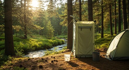 A tent and a small stream in a forest showing a portable camping shower set up beside a tent in a forest clearing
