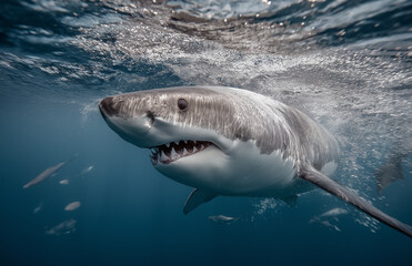Fototapeta premium Close up of shark mouth with teeth and fin emerging from water, great blue shark in action photo taken by national geographic