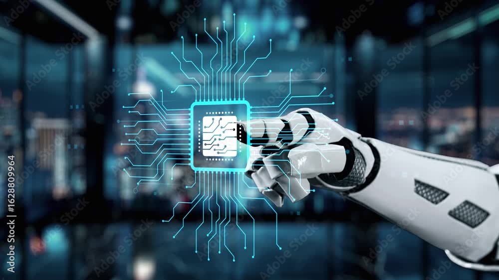 Wall mural a robotic hand engages with a glowing circuit board interface, symbolizing the future of technology 