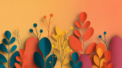 Minimalistic autumn background with abstract leaf silhouettes in autumn bright colors, clean layout, scandinavian aesthetic