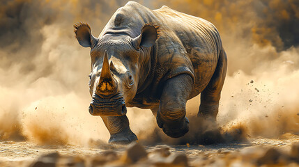 Fototapeta premium Majestic White Rhinoceros Charging Through African Savanna Dust