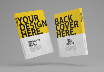 Two flying hard cover books mockup, front and back cover