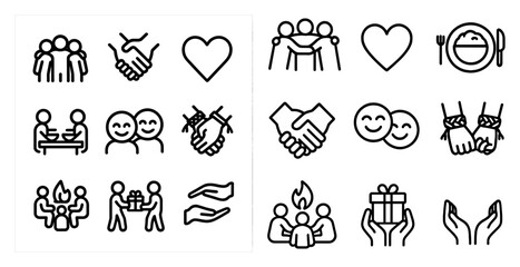 Friendship and community icons set – outline, linear, group and support symbols