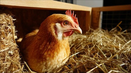 the scene focuses on a chicken nestled within a wooden structure