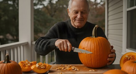 Senior Man Carving Pumpkins for Halloween on Porch